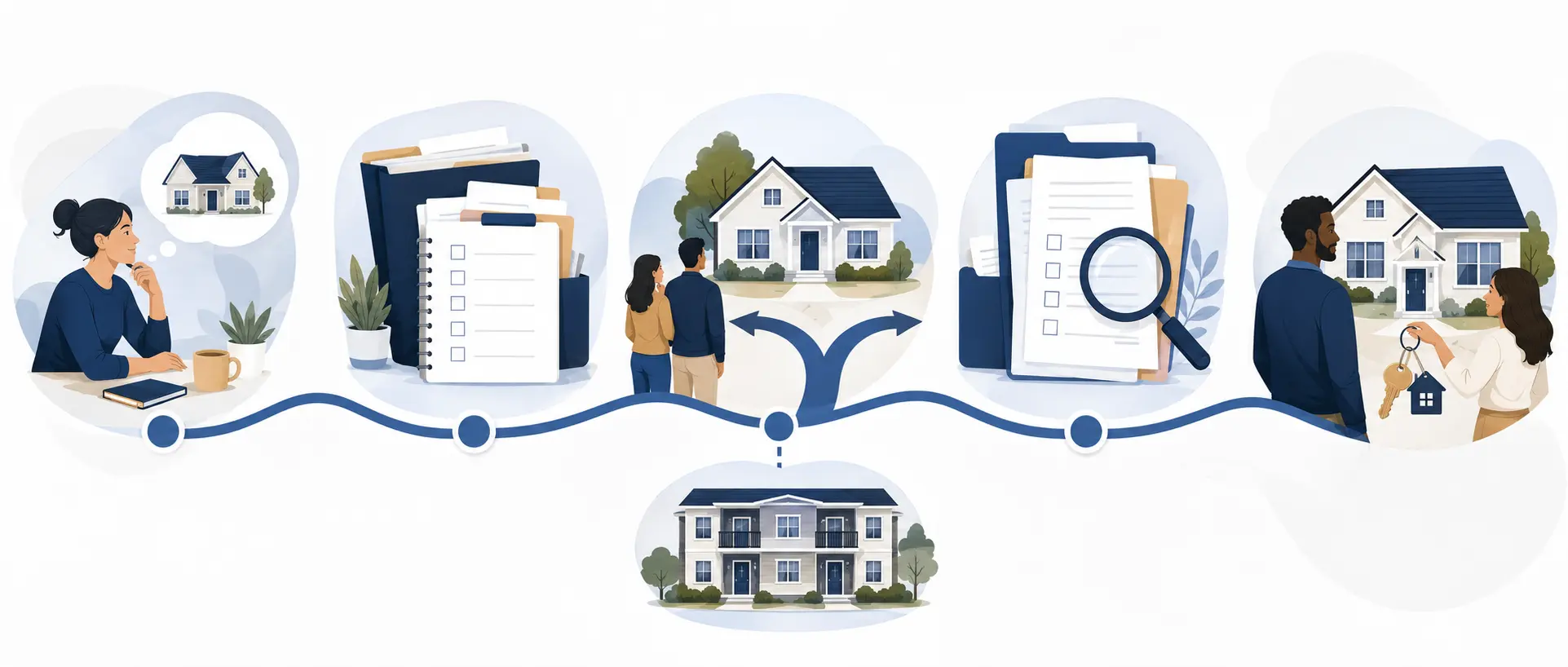Illustrated residential financing journey from goal setting and document preparation through application review and closing